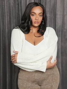 SHEIN SXY 大碼素色開門襟短款開衫 - 白色 - 查看 4