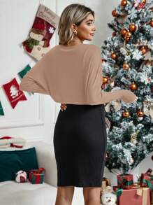 SHEIN Maternity Two Tone Nursing Bodycon Dress With Long Sleeve - Khaki - View 2