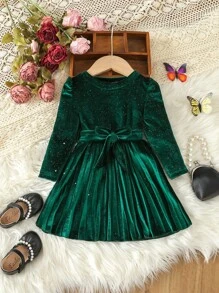 SHEIN Glamorique Kids 女嬰泡泡袖腰帶亮片洋裝