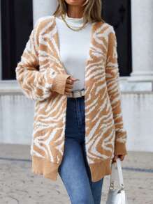 SHEIN LUNE Áo khoác cardigan trễ vai họa tiết sọc ngựa vằn - Lạc đà - Xem 1
