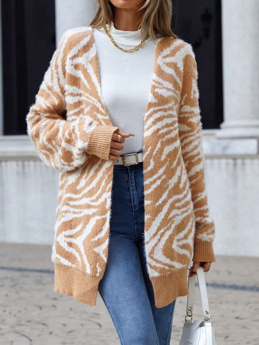 SHEIN LUNE Áo khoác cardigan trễ vai họa tiết sọc ngựa vằn - Lạc đà - Xem 1