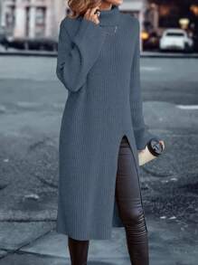 SHEIN Essnce Turtleneck Drop Shoulder Split Hem Sweater Without Belt - Blue - View 6