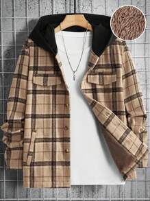 Manfinity RebelGame Loose Fit Men's Plaid Printed Hooded Overcoat Without T-Shirt - Khaki - View 1