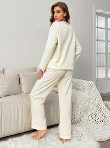 拼接邊絨布休閒服套裝 - 米色 - 查看 2