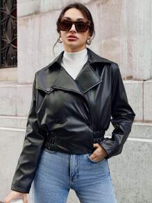 EURMUSE Lapel Snap Button Women's Jacket - Black - View 5