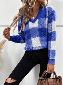 SHEIN LUNE Họa tiết kẻ sọc trâu Thả vai Áo len - Xanh đậm - Xem 1