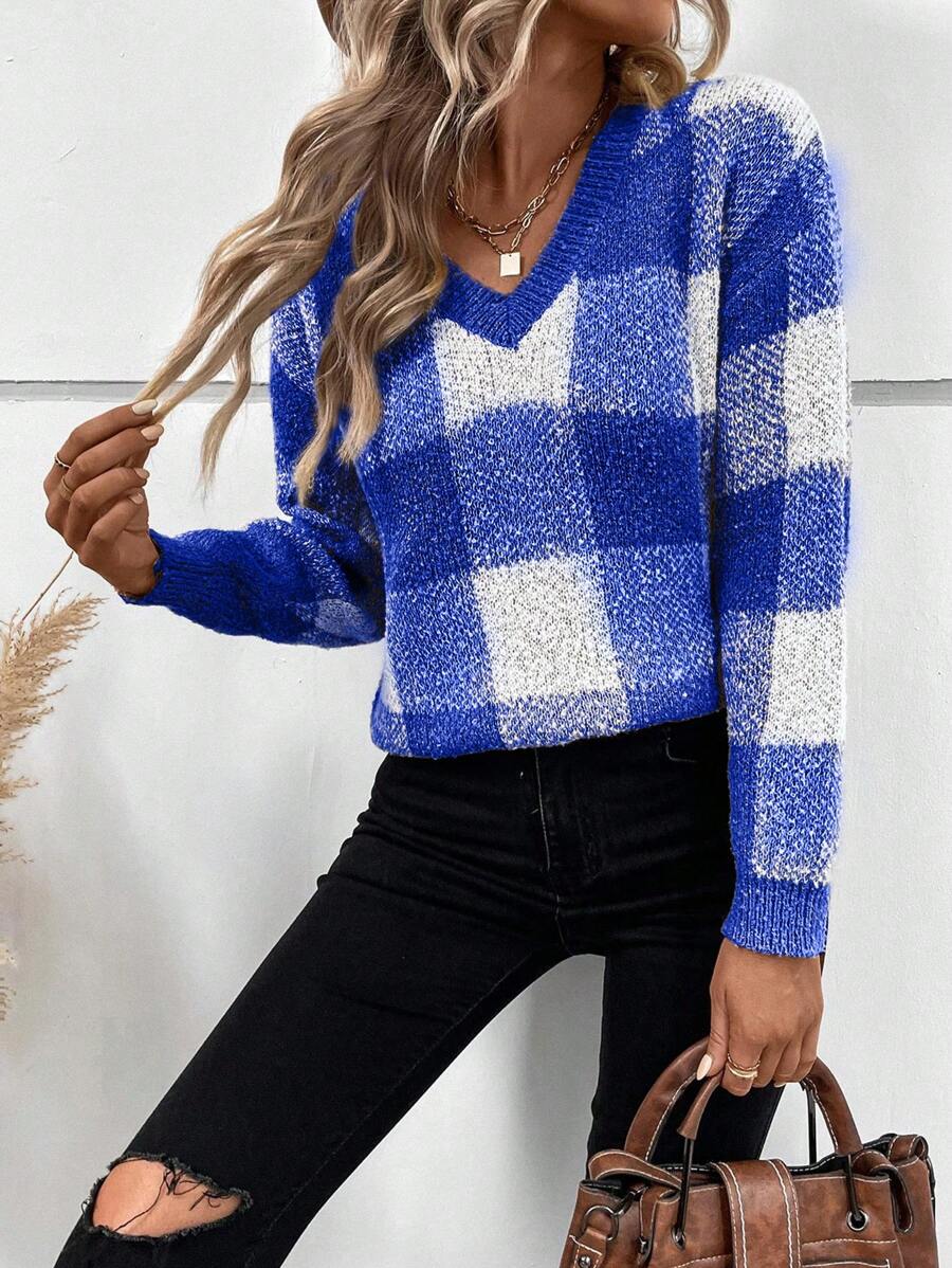 SHEIN LUNE Họa tiết kẻ sọc trâu Thả vai Áo len - Xanh đậm - Xem 1