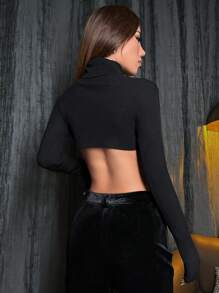 Flirla High Neck Cut Out Hem Crop Knit Pullover Fall Winter Sweater - Black - View 4