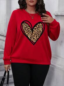 Flirla Hơn In trái tim & Da báo Vòng cổ Áo nỉ - Đỏ - Xem 5