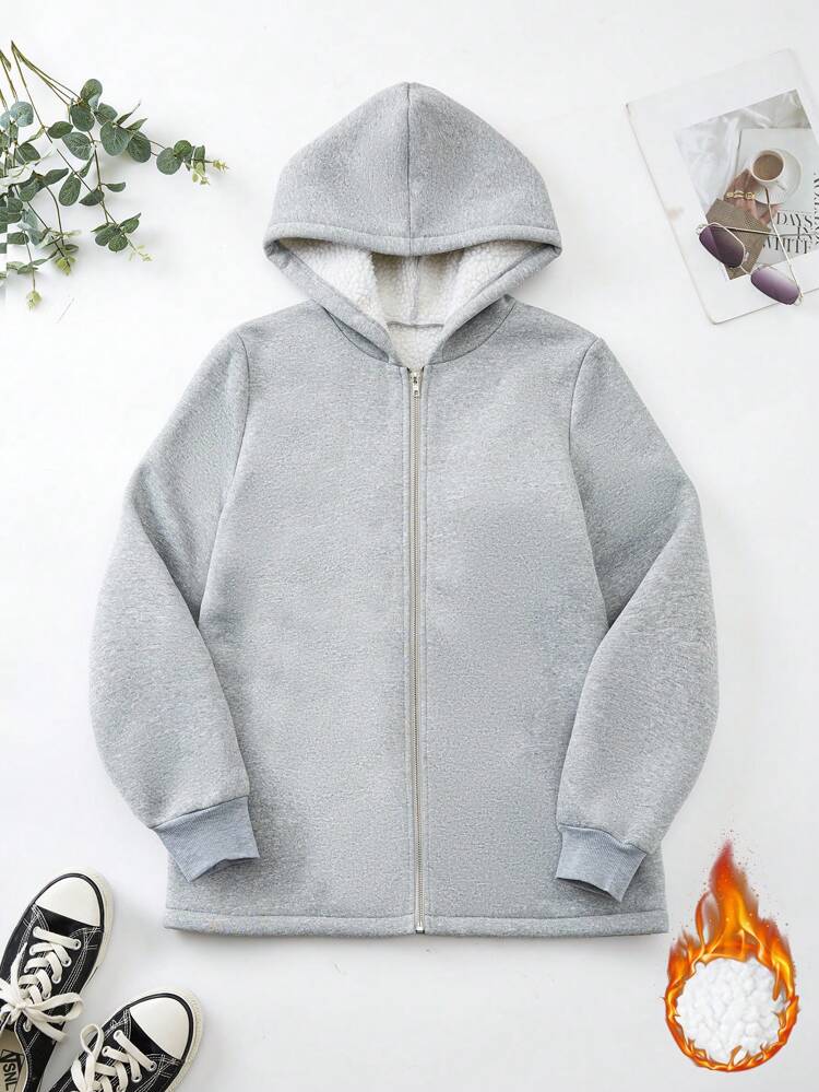 Solid Zipper Up Hooded Thermal Lined Coat