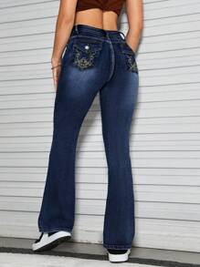 SHEIN PETITE Embroidery Detail Flare Leg Jeans - Blue - View 1