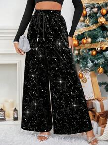 SHEIN Privé Galaxy Print Knot Waist Wide Leg Pants - Black - View 2