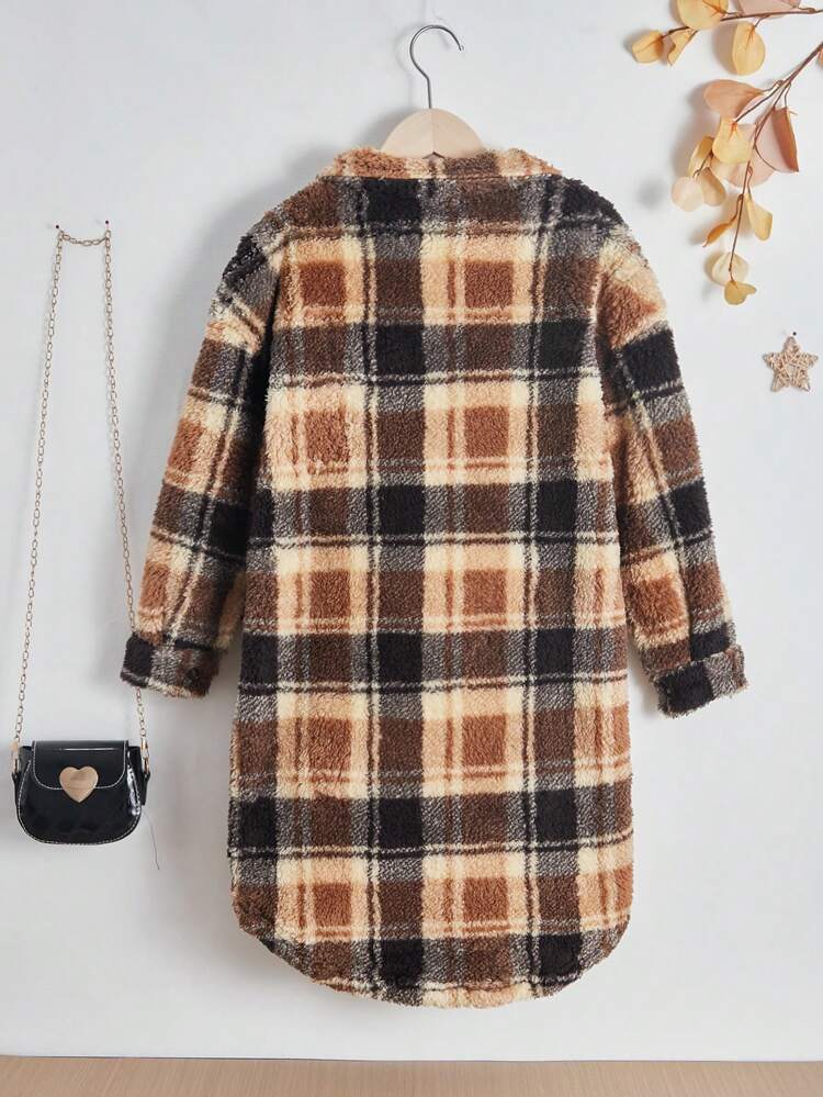 Tween Girl 1pc Plaid Print Flap Pocket Curved Hem Coat