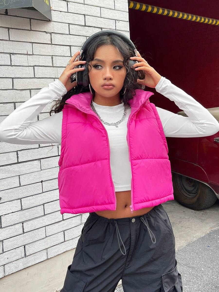 SHEIN EZwear 拉链连帽背心夹棉外套 - 玫紅色 - 查看 1
