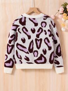 SHEIN Tween Girl Leopard Pattern Drop Shoulder Cardigan - Mauve Purple - View 2