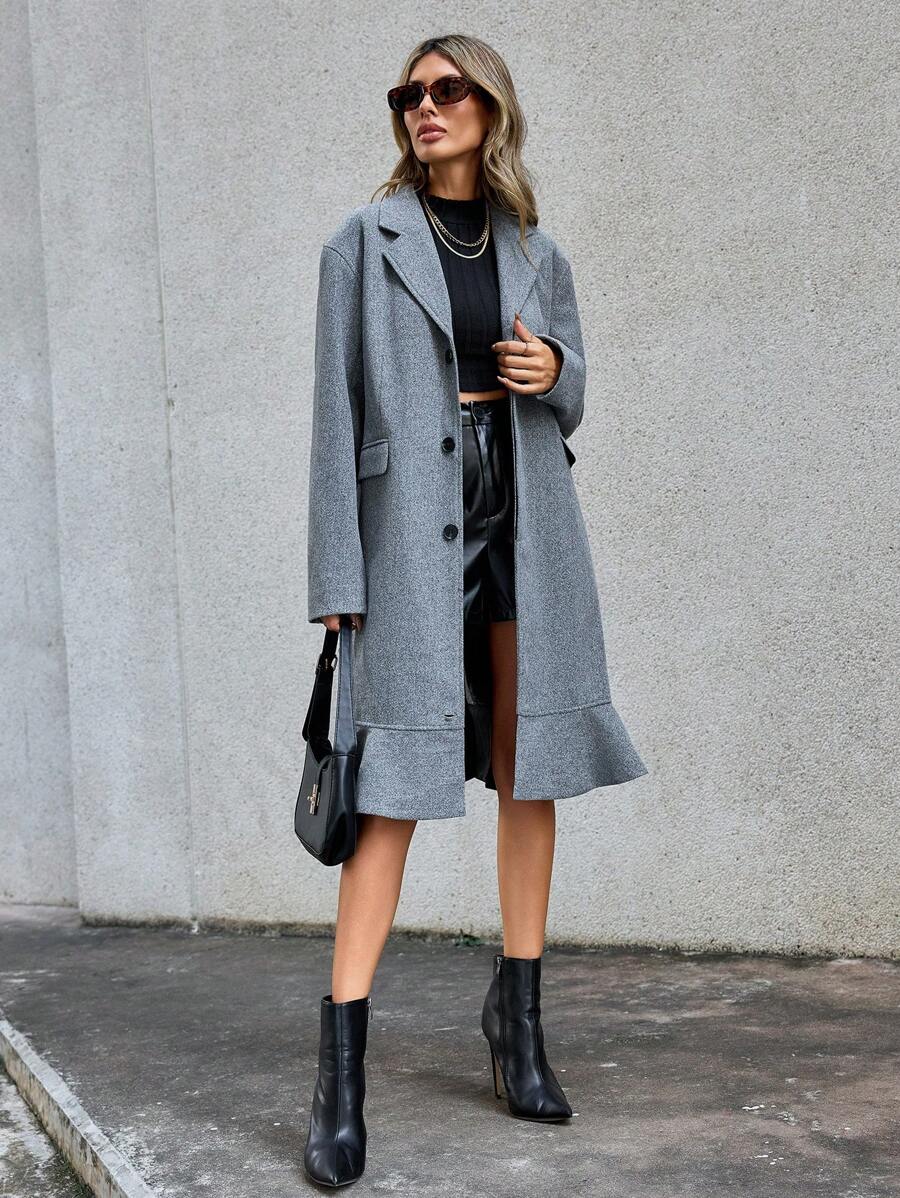 GENKIRA 西裝領荷葉邊翻蓋細節花呢外套 - 淺灰色 - 查看 1