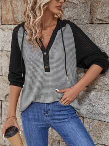 SHEIN LUNE Colorblock Half Button Raglan Sleeve Drawstring Hoodie - Multicolor - View 1