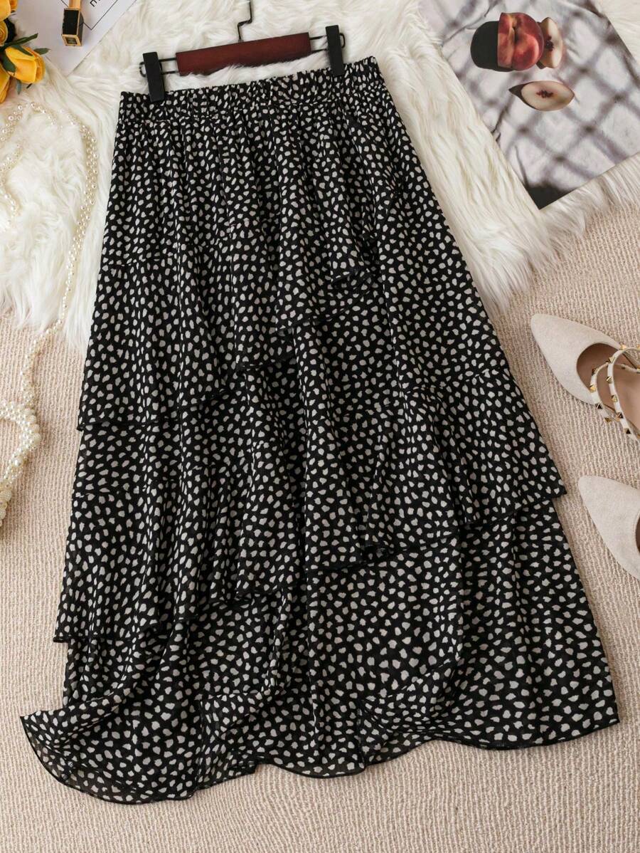 SHEIN CURVE+ 大尺碼女性斑點波浪邊印花裙 - 彩色 - 查看 1