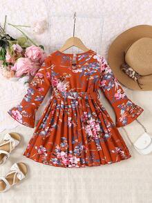 SHEIN 女小童印花荷葉袖百褶下擺繫腰帶洋裝