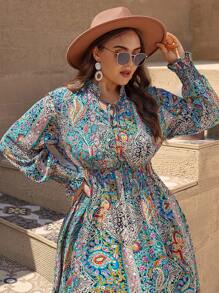 SHEIN VCAY Plus Paisley Print Flounce Sleeve Dress - Multicolor - View 4