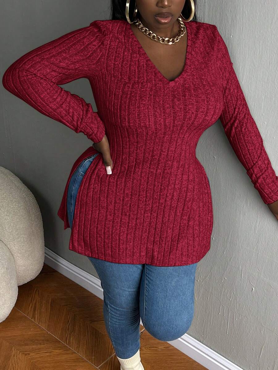 Slaydiva Hơn Viền chia cắt Đồ đan Ribbed Áo thun - Màu Đỏ Sâu - Xem 1