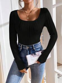 SHEIN Essnce Solid Scoop Neck Bodysuit - Black - View 4