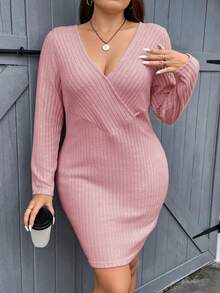 SHEIN Essnce Talla grande Vestido ajustado de cuello cruzado tejido de canalé - Rosa Pálido - Ver 5
