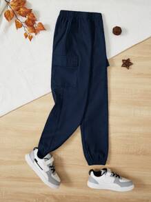 SHEIN Tween Boy Flap Pocket Side Cargo Pants - Navy Blue - View 1