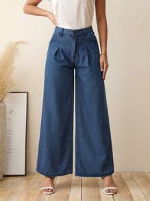 SHEIN LUNE High Waist Wide Leg Jeans Without Belt - Blue - View 6