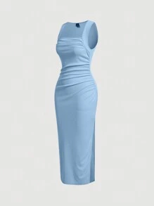 SHEIN MOD Solid Ruched Side Split Thigh Dress - Blue - View 3