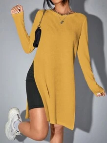 SHEIN EZwear 素色高衩長款T恤 - 黃色 - 查看 1