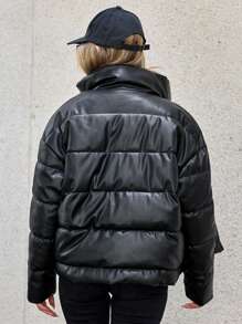 女士纯色 PU 皮革拉链领短款休闲棉衣冬季 - 黑色 - 查看 2