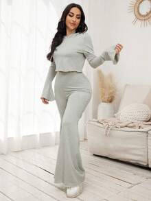 SHEIN SXY Solid Hooded Tee & Flare Leg Pants - Grey - View 6