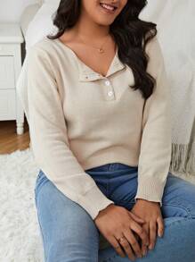 SHEIN Frenchy Suéter Con Media Tapeta Y Botones De Color Liso De Talla Grande - Caqui - Ver 5