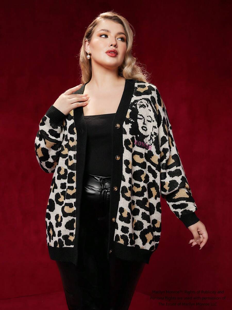 Marilyn Monroe X SHEIN Plus Leopard and Figure Pattern Button Front Cardigan - Multicolor - View 1