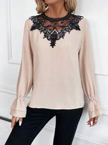 SHEIN Clasi Blusa con encaje de manga con volante - Albaricoque - Ver 3