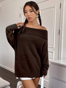 SHEIN Unity Off Shoulder Batwing Sleeve Sweater - Chocolate Brown - View 5