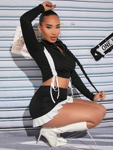 SHEIN SXY 半拉鏈側抽繩短款T恤 - 黑色 - 查看 4