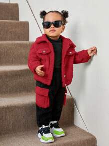 SHEIN Baby Girl Flap Pocket Teddy Coat & Pants Without Tee - Red - View 1
