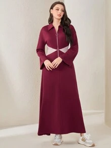 Mulvari 女用撞色拉鍊前門襟連身裙 - 紅色 - 查看 4