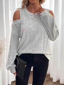 SHEIN Clasi 挖肩條紋針織運動衫 - 灰色 - 查看 4