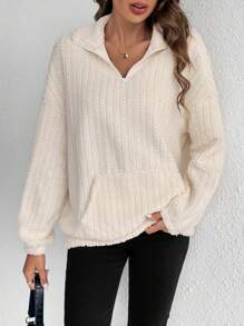 SHEIN Frenchy Kangaroo Pocket Half Zip Drop Shoulder Flannel Sweatshirt - Apricot - View 3