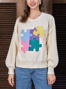 SHEIN EZwear 拼圖圖案落肩袖套頭毛衣 - 米色 - 查看 1