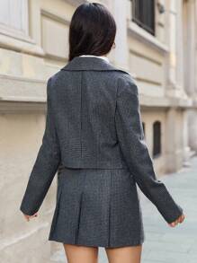 EURMUSE Ladies' Houndstooth Patterned Shirt Collar And Skirt Two Piece Set - Dark Grey - View 2