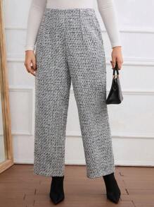 SHEIN Privé Plus Size Elegant Straight Leg Pants - Black and White - View 3