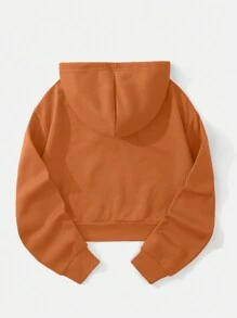 SHEIN EZwear 热带字母印花抽绳连帽衫，带保暖衬里 - 珊瑚橙 - 查看 2