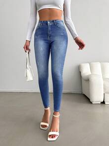 RueChic High Waist Ripped Skinny Jeans - Medium Wash - View 3