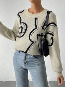 SHEIN Essnce Jersey con patrón de dibujos animados de hombros caídos - Albaricoque - Ver 6