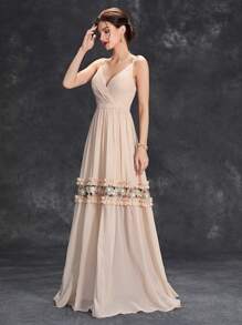 繡花荷葉邊伴娘長裙 - 杏色 - 查看 1