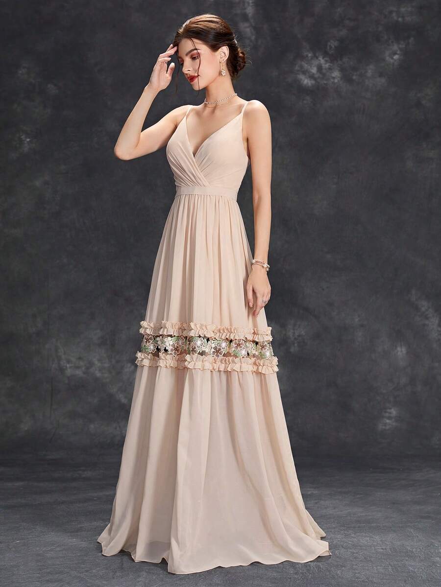 繡花荷葉邊伴娘長裙 - 杏色 - 查看 1